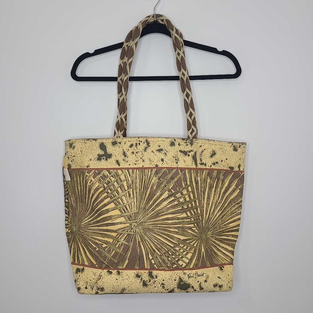 Paul Breut Tote Bag Canvas Main Zip Closure Inner Zip Slip Tropical Green Brown